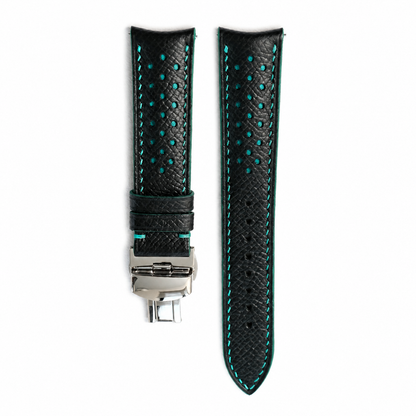 Curved End Black Turquoise Racing Holes Rally Epsom Leather Watch Strap - Photo 2