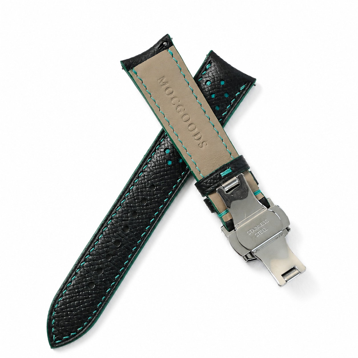 Curved End Black Turquoise Racing Holes Rally Epsom Leather Watch Strap - Photo 3