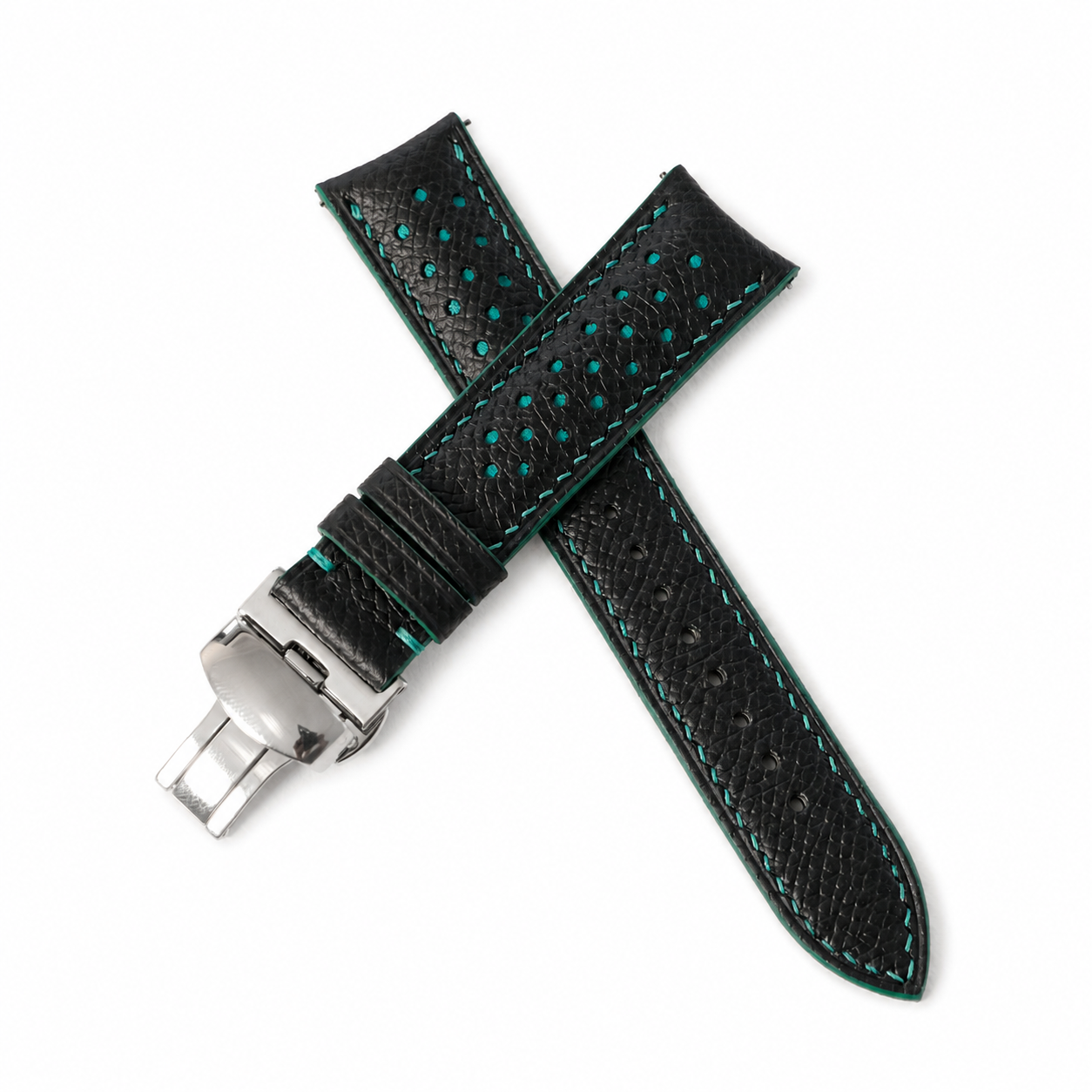 Curved End Black Turquoise Racing Holes Rally Epsom Leather Watch Strap - Photo 4