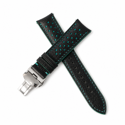 Curved End Black Turquoise Racing Holes Rally Epsom Leather Watch Strap - Photo 4