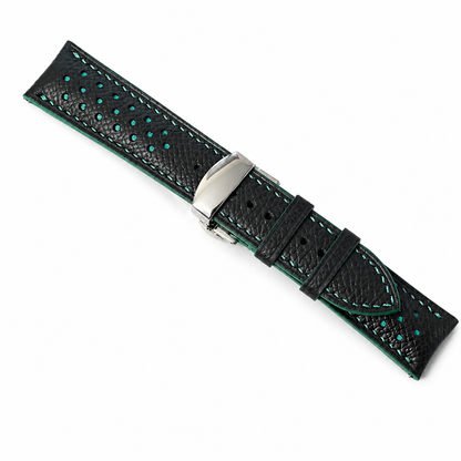 Curved End Black Turquoise Racing Holes Rally Epsom Leather Watch Strap - Photo 5