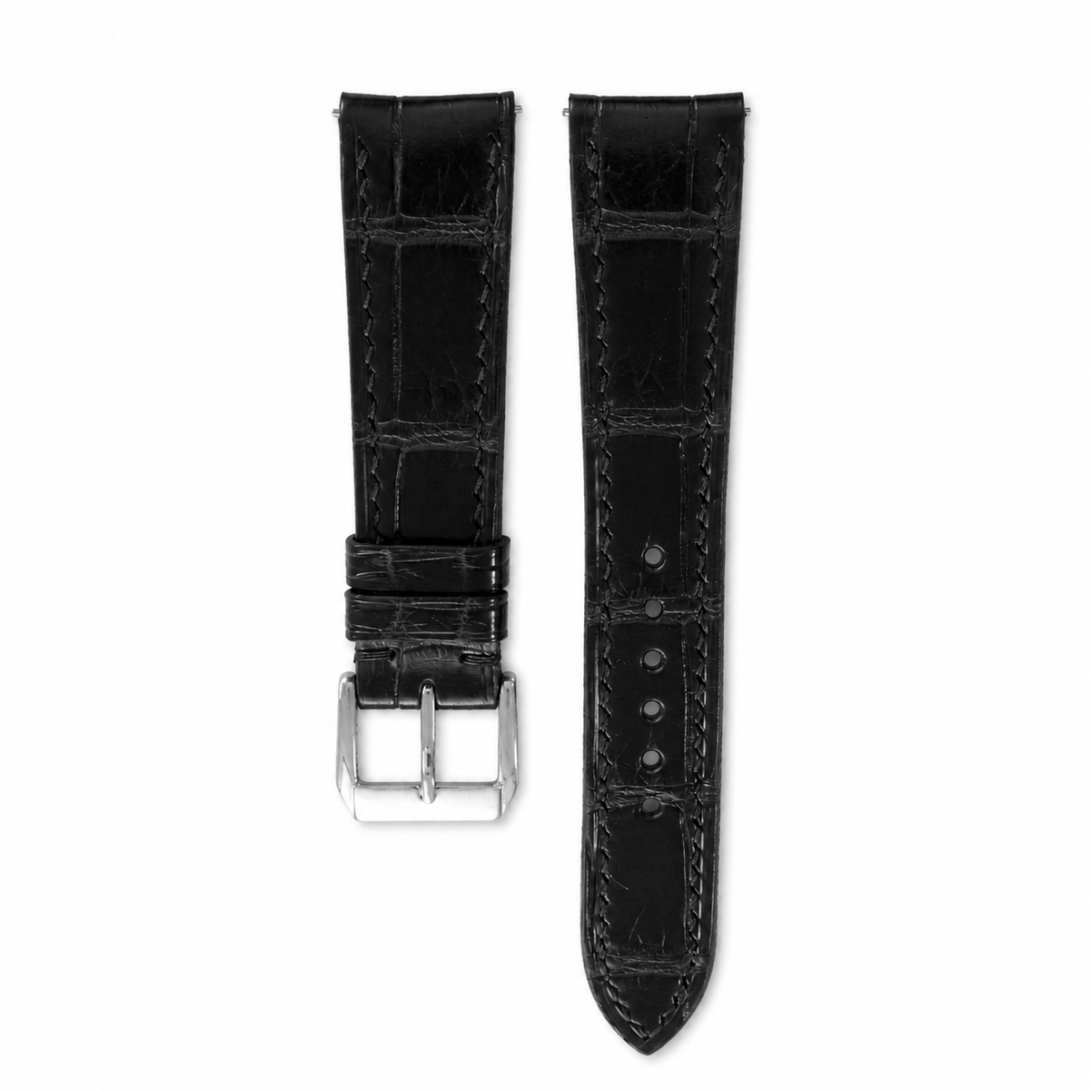 Curved End Flat Black Alligator Leather Watch Strap - Photo 1