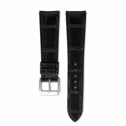 Curved End Flat Black Alligator Leather Watch Strap - Photo 1