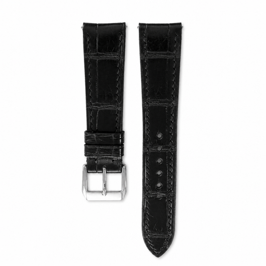 Curved End Flat Black Alligator Leather Watch Strap - Photo 1