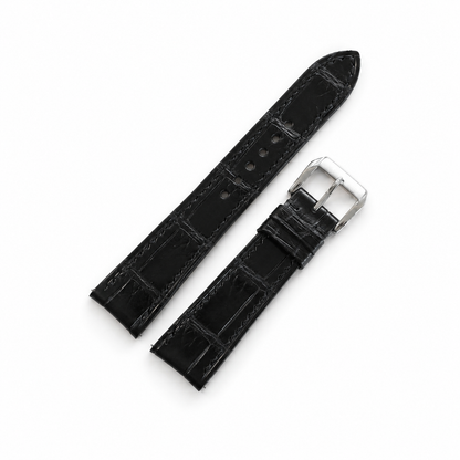 Curved End Flat Black Alligator Leather Watch Strap - Photo 3