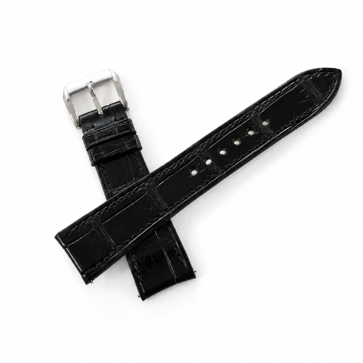Curved End Flat Black Alligator Leather Watch Strap - Photo 4