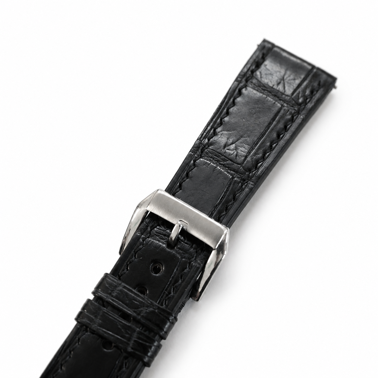 Curved End Flat Black Alligator Leather Watch Strap - Photo 6