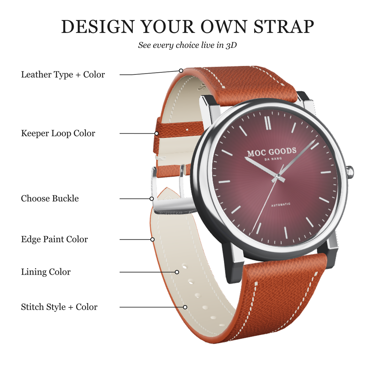 Design your own leather watch strap in 3D: leather, lining, keeper, buckle, stitch and edge