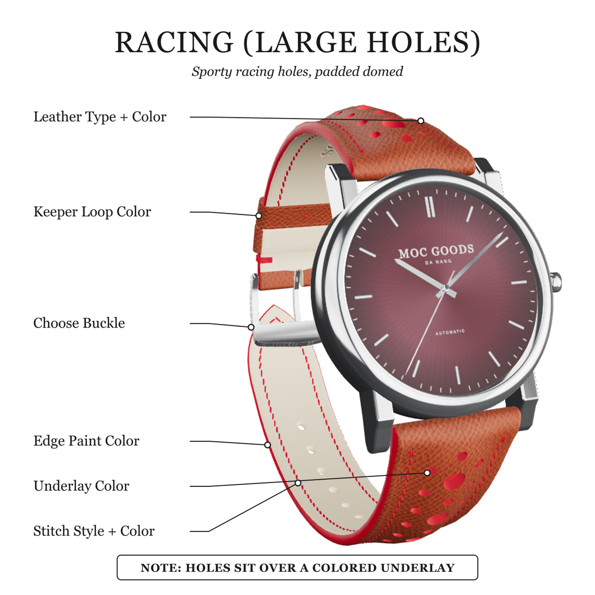 Racing large holes leather watch strap with colored underlay 3D guide