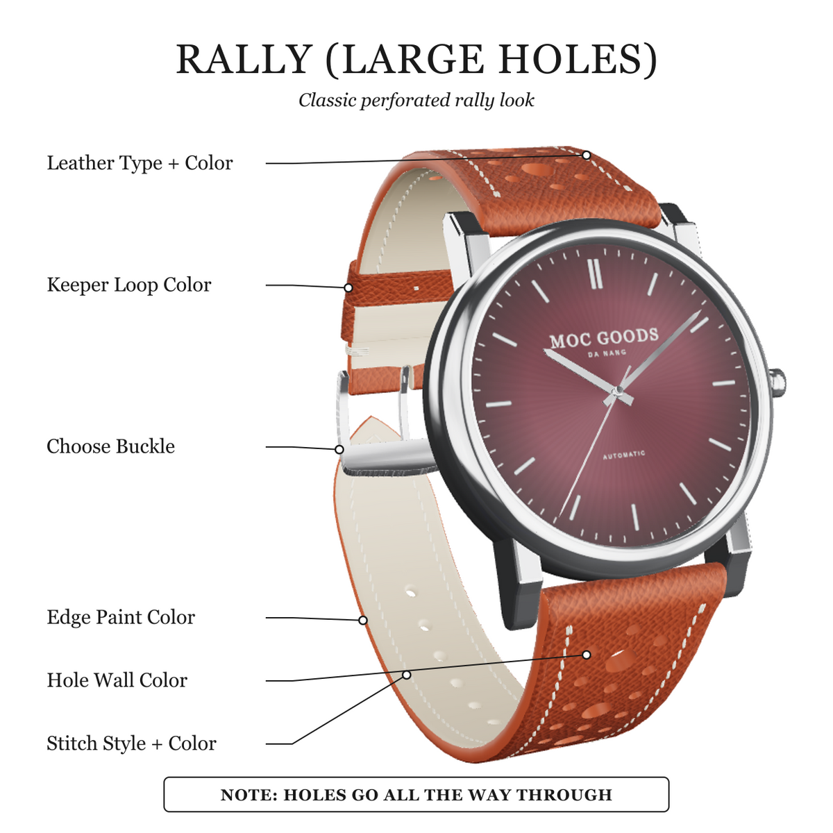Rally large holes leather watch strap 3D guide