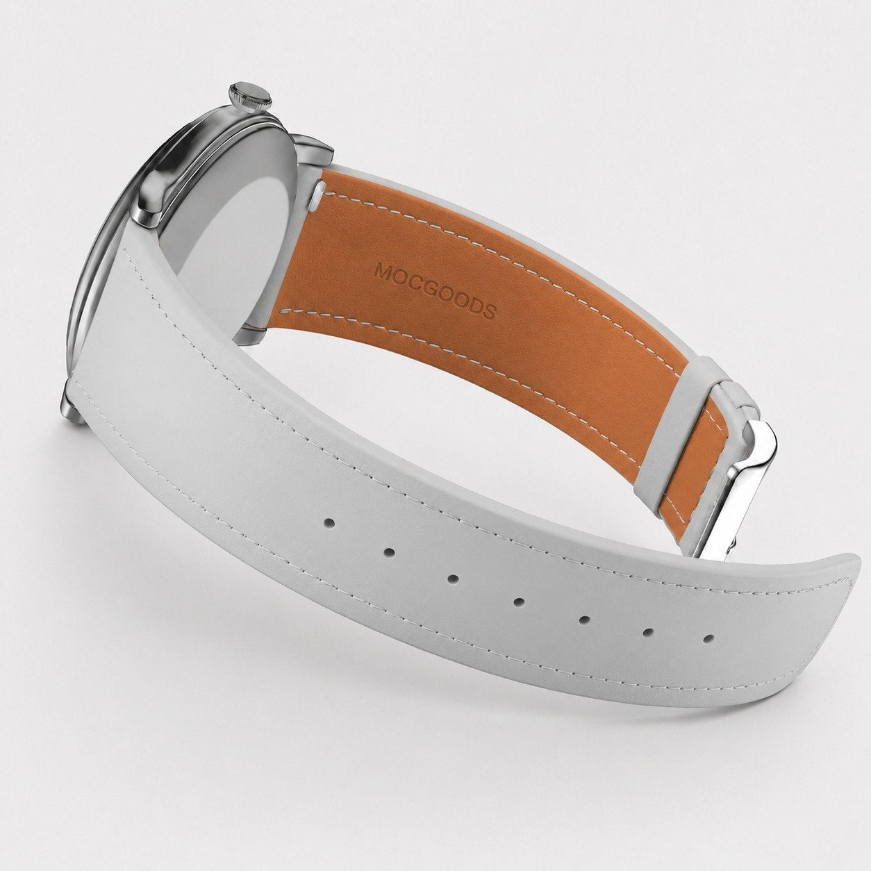 Backside view: tan Zermatt lining with MOCGOODS debossed brand mark, hand-stitched edges