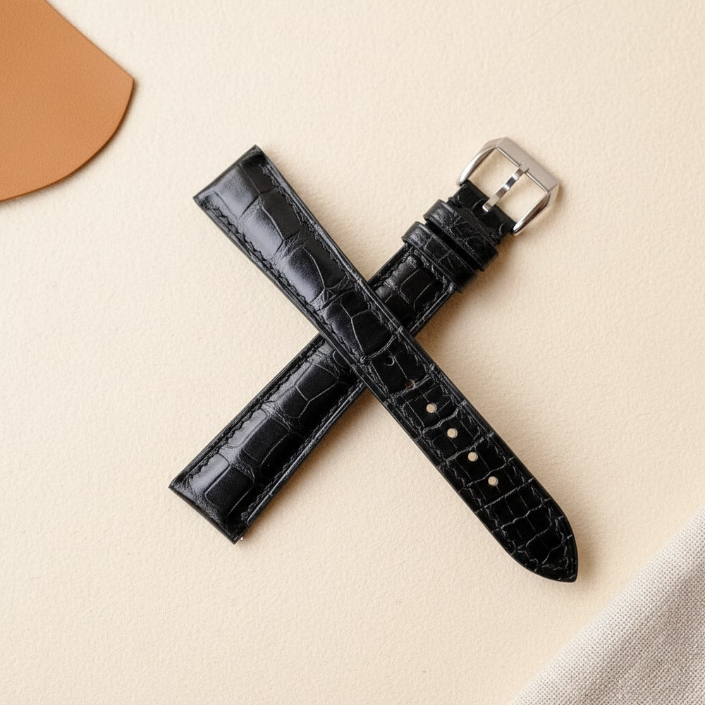 Customizable Black Alligator Leather Watch Strap