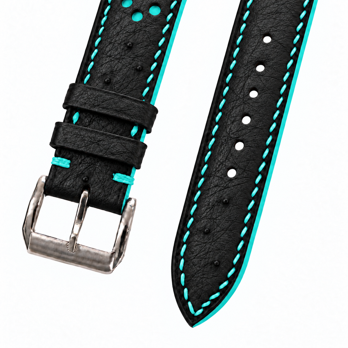 Black and Turquoise Racing Small Holes Ostrich Leather Watch Strap - racing holes turquoise underlay macro