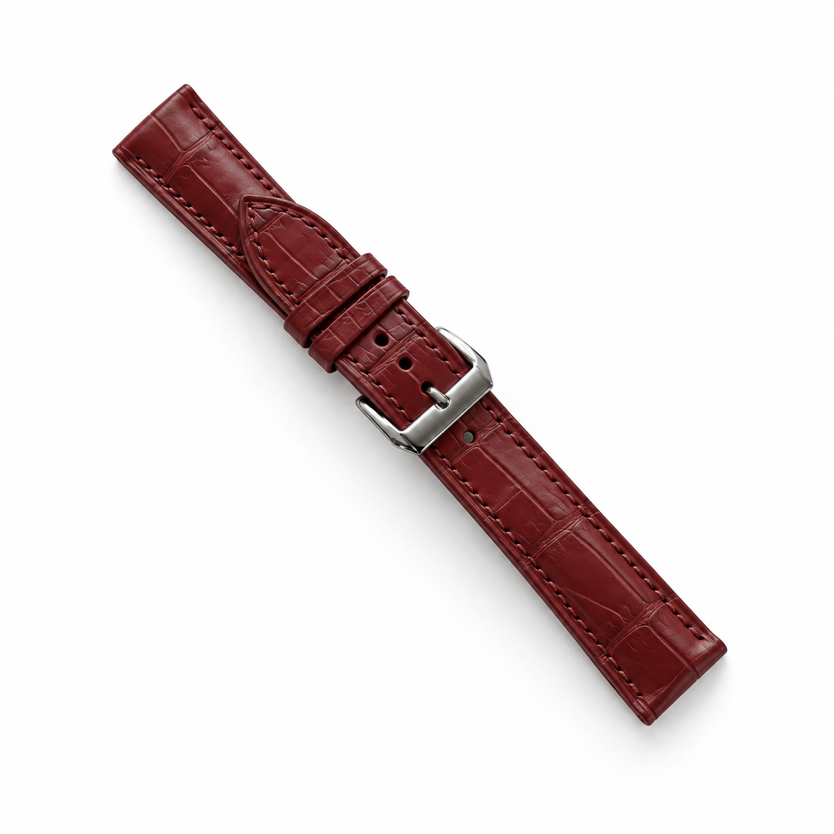 Burgundy Alligator Leather Watch Strap - Tonal Stitch - topside scale macro