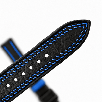 Black Togo Blue Double Stitch Leather Watch Strap - two piece diagonal