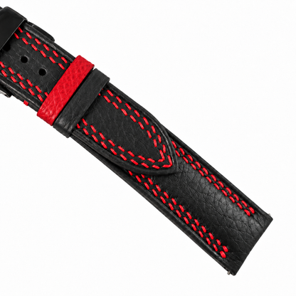 Black Togo Red Double Stitch Leather Watch Strap - red keeper loop detail