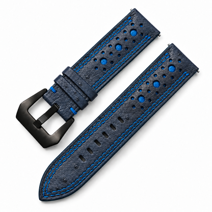 Midnight Navy and Blue Ostrich Racing Large Holes Leather Watch Strap - Double Stitch - detail 4
