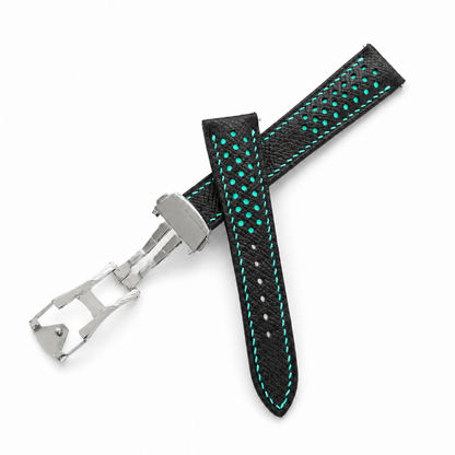 Deployant Racing Rally Black and Turquoise Epsom Leather Watch Strap - hero