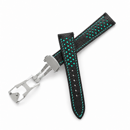 Deployant Racing Rally Black and Turquoise Epsom Leather Watch Strap - hero