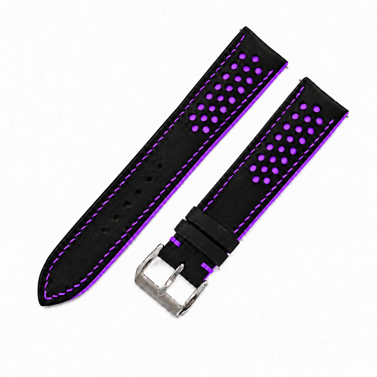 Black and Purple Racing Holes Rally Swift Leather Watch Strap - purple stitch detail