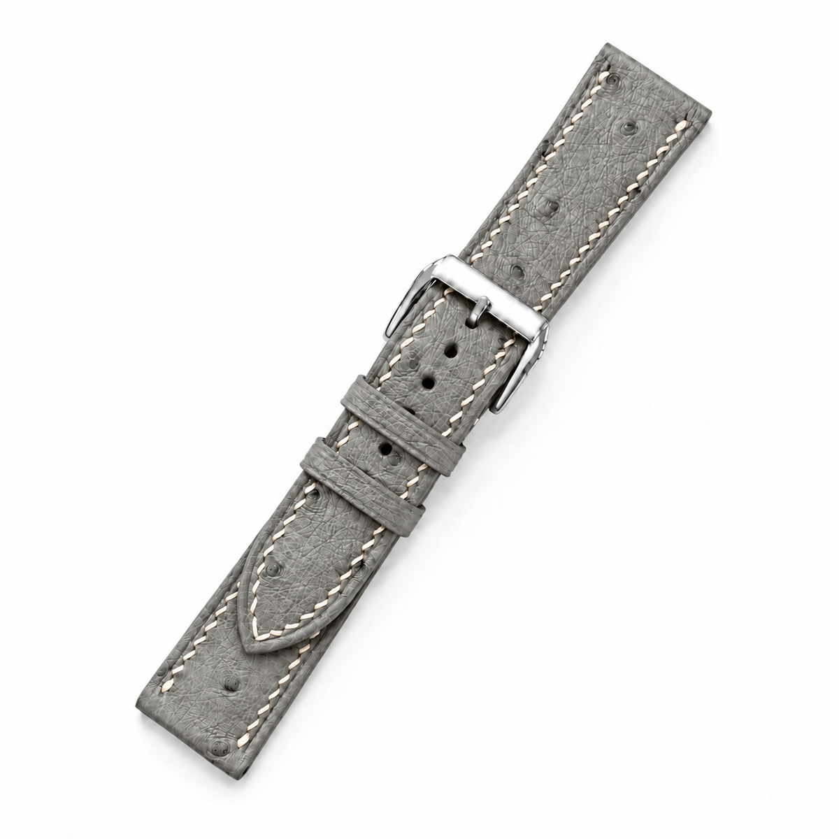 Stone Gray Ostrich Leather Watch Strap - assembled on buckle