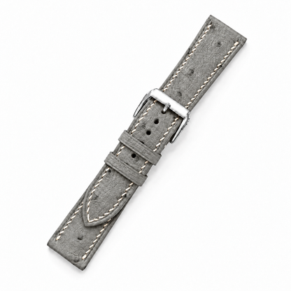 Stone Gray Ostrich Leather Watch Strap - assembled on buckle