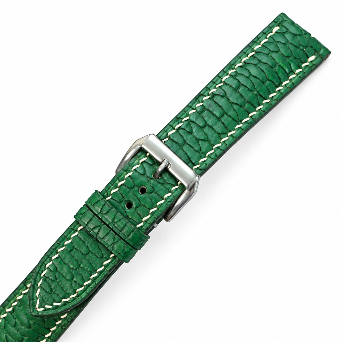 Emerald Green Beaver Tail Leather Watch Strap - assembled macro texture