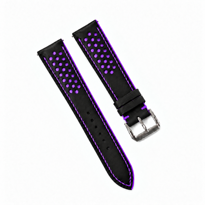 Black and Purple Racing Holes Rally Swift Leather Watch Strap - racing holes purple underlay macro