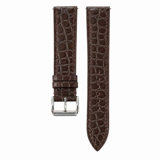 Dark Chocolate Brown Small Round Scale Alligator Leather Watch Strap - front and back flat lay