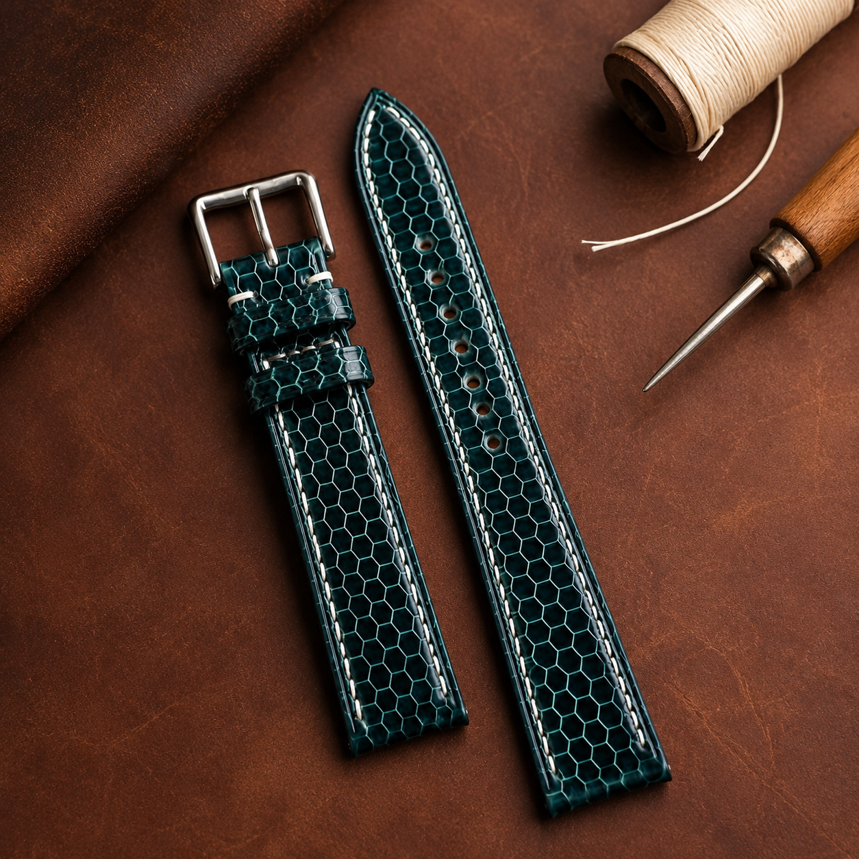 Dark Teal Green Lizard Leather Watch Strap