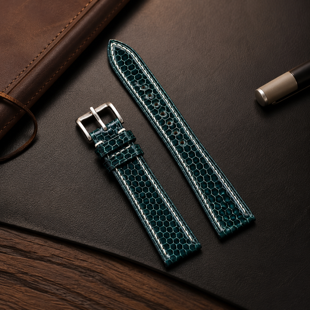Dark Teal Green Lizard Leather Watch Strap