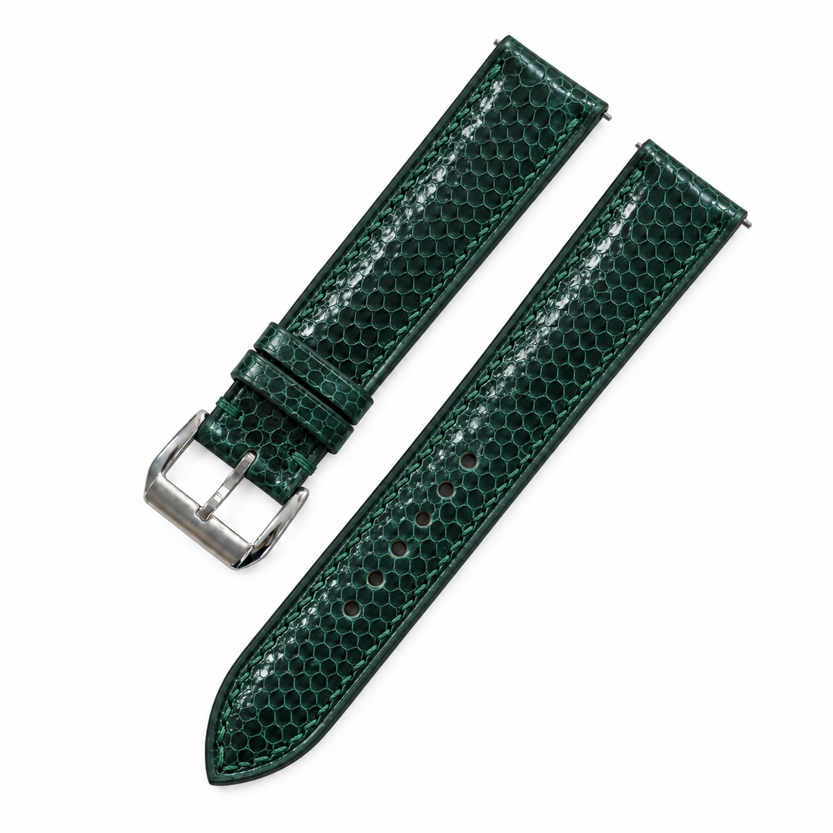 Dark Teal Green Sea Snake Leather Watch Strap - assembled diagonal with stainless steel buckle