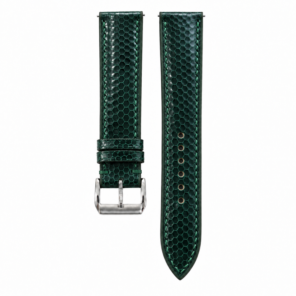 Dark Teal Green Sea Snake Leather Watch Strap - front and back flat lay