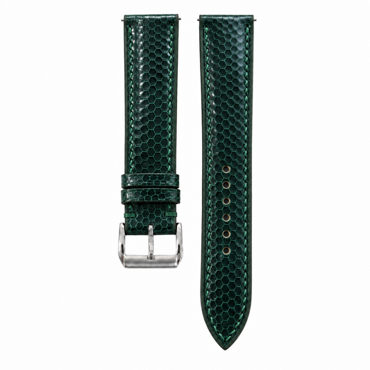 Dark Teal Green Sea Snake Leather Watch Strap - front and back flat lay
