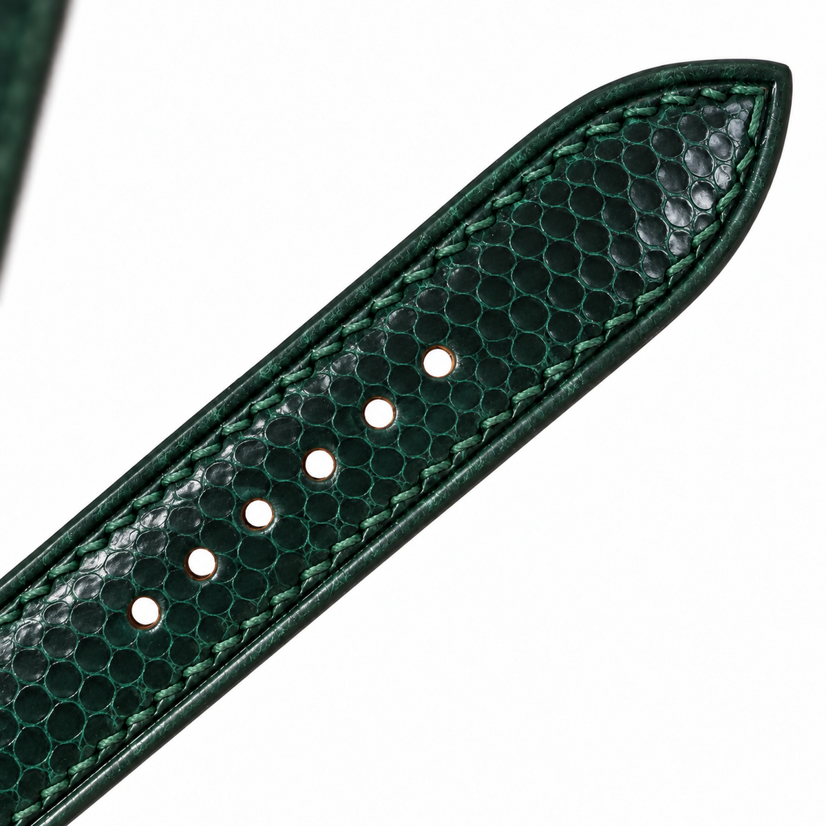 Dark Teal Green Sea Snake Leather Watch Strap - tapered tip and adjustment holes detail