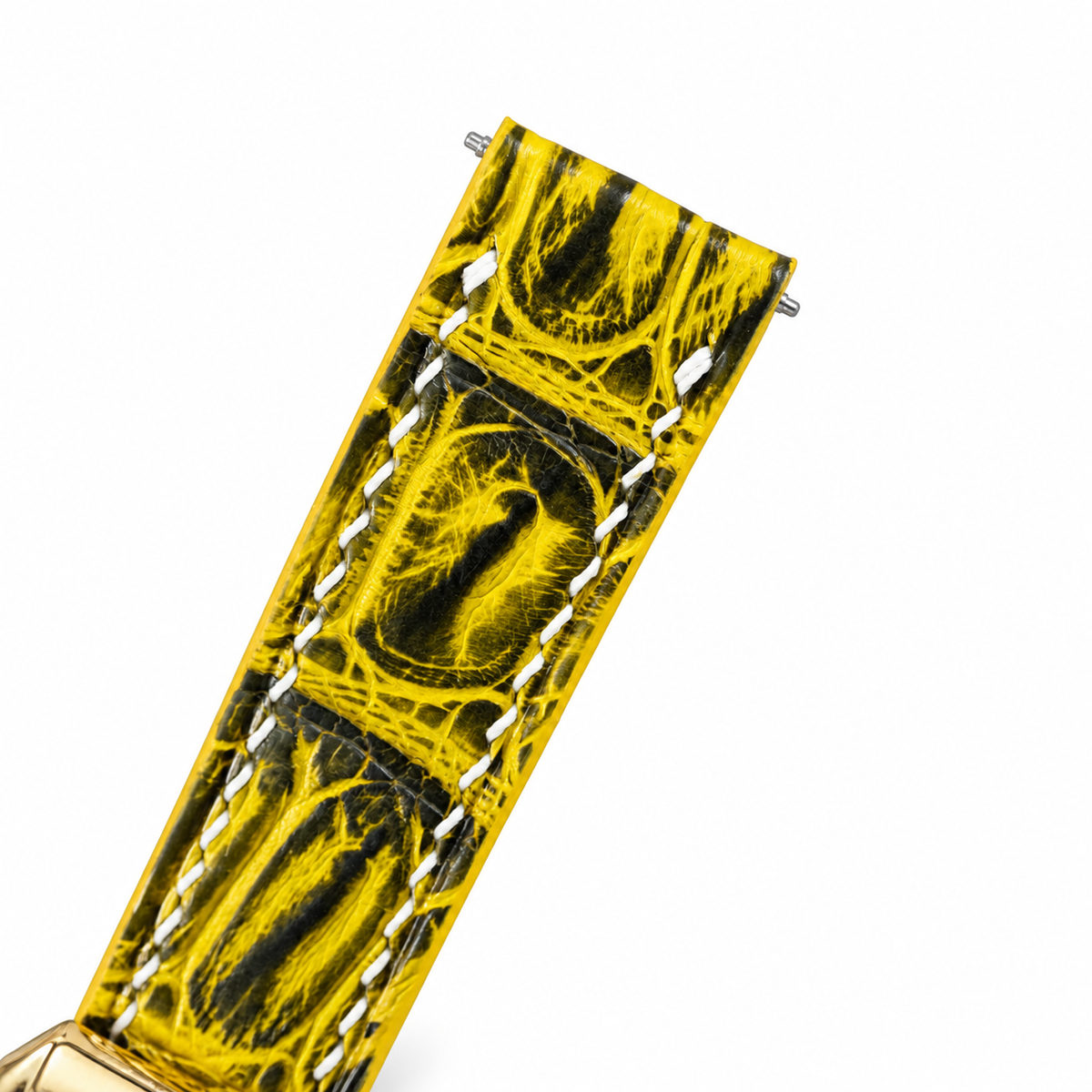 Lemon Yellow Black Patina Alligator Leather Watch Strap - assembled detail
