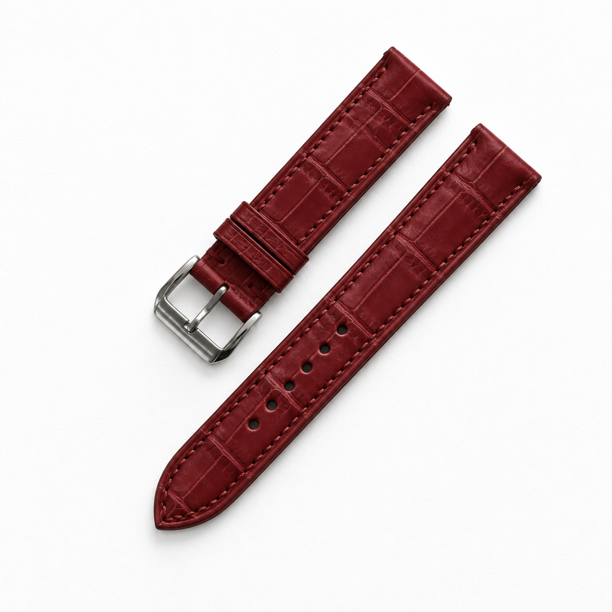 Burgundy Alligator Leather Watch Strap - Tonal Stitch - side profile detail