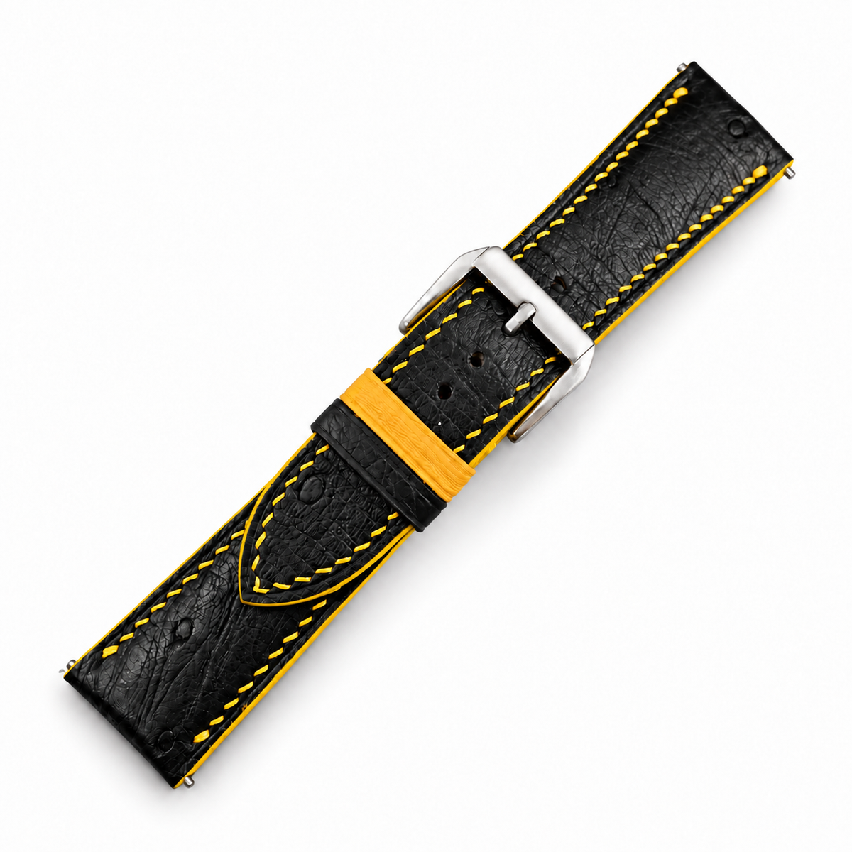 Black Ostrich Leather Watch Strap - Yellow Stitch - quill texture yellow stitch macro
