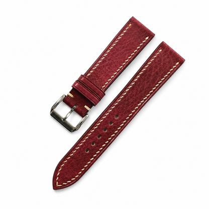 Burgundy red Italian leather watch strap, both halves showing the pebbled grain