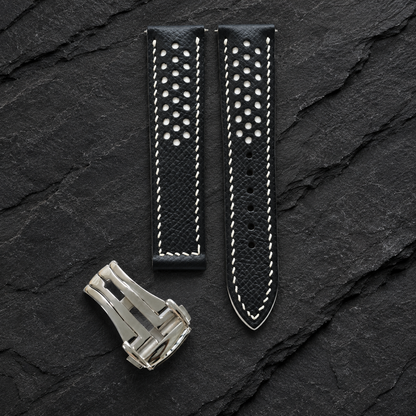 Deployant Black White Racing Rally Epsom Leather Watch Strap - hero