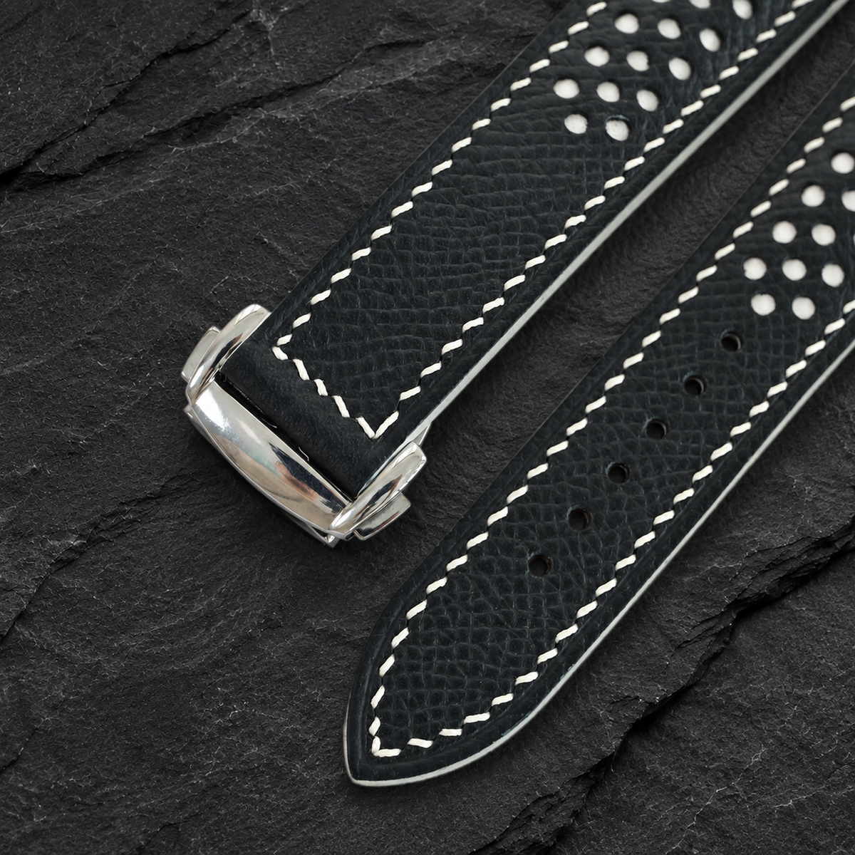 Deployant Black White Racing Rally Epsom Leather Watch Strap - side profile