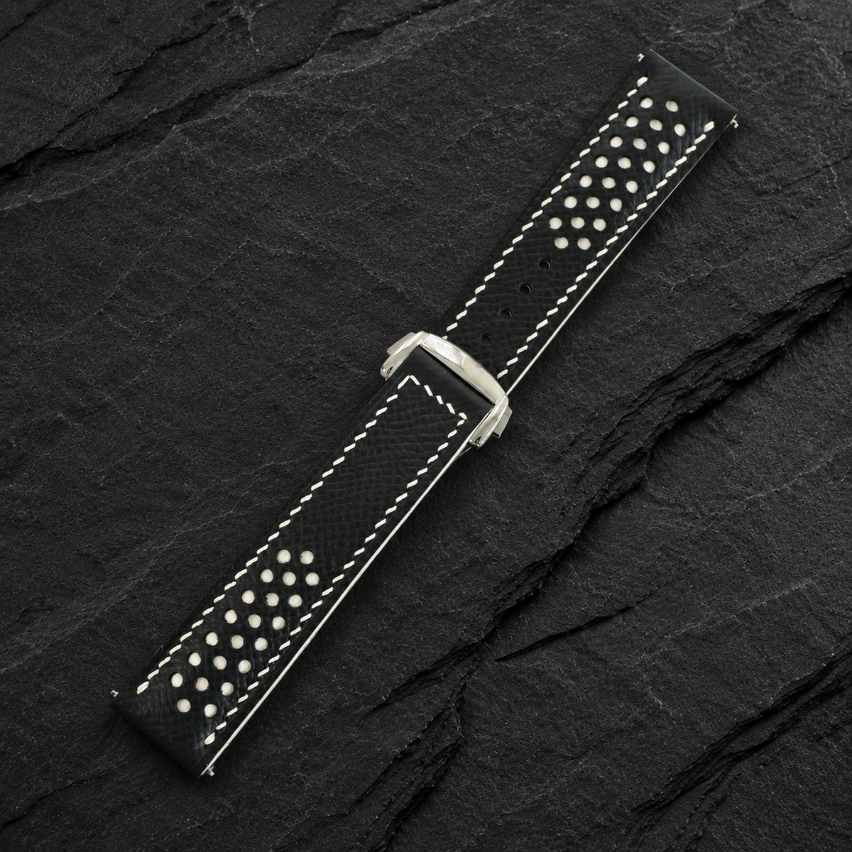 Deployant Black White Racing Rally Epsom Leather Watch Strap - rally racing holes detail