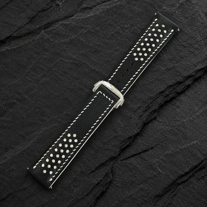 Deployant Black White Racing Rally Epsom Leather Watch Strap - rally racing holes detail