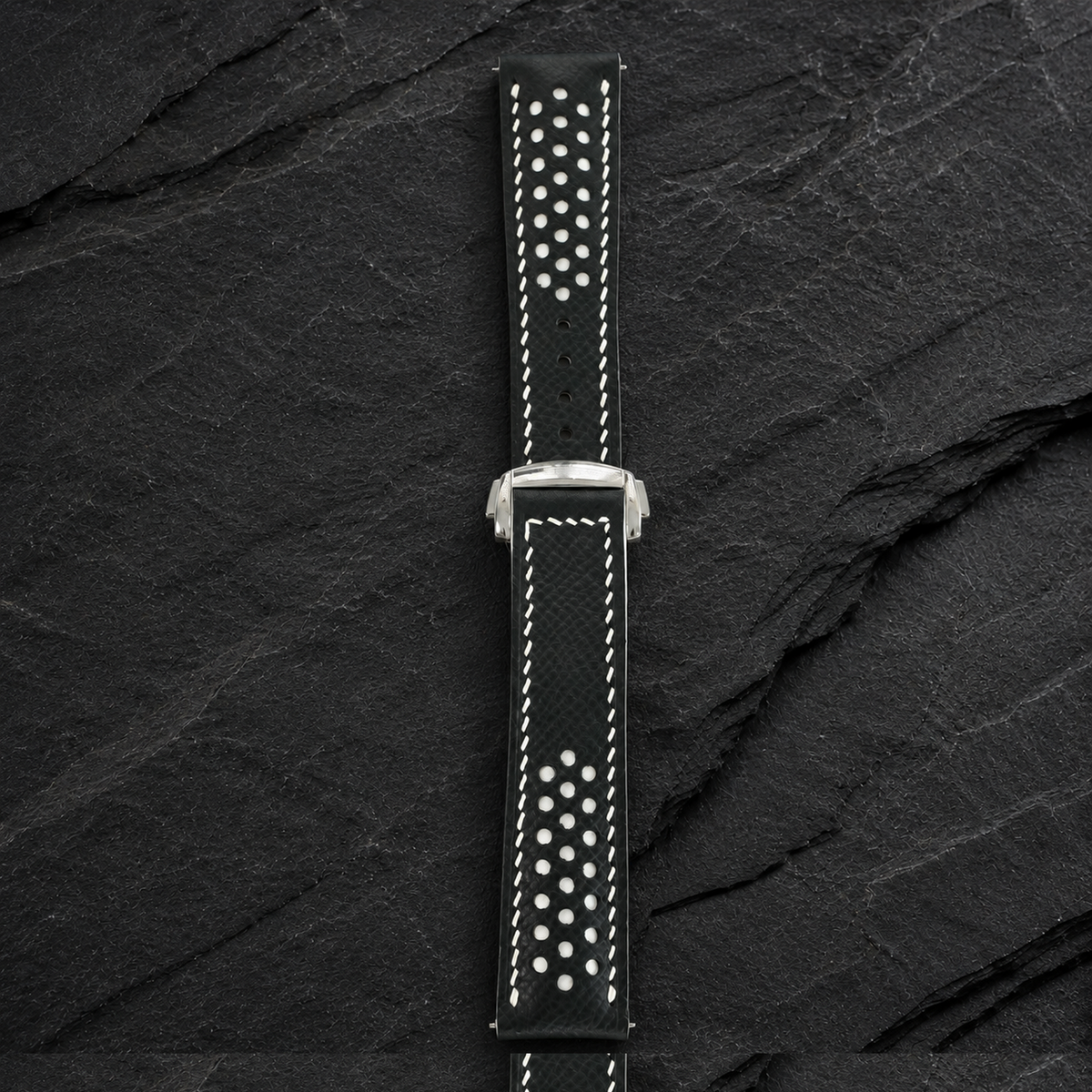 Deployant Black White Racing Rally Epsom Leather Watch Strap - deployant clasp end