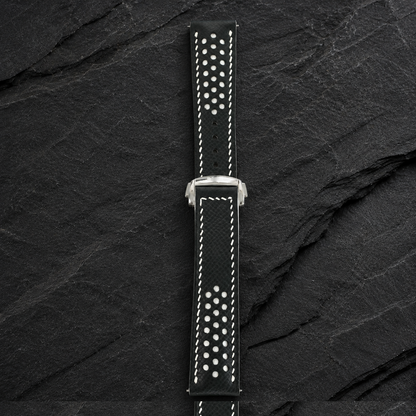 Deployant Black White Racing Rally Epsom Leather Watch Strap - deployant clasp end
