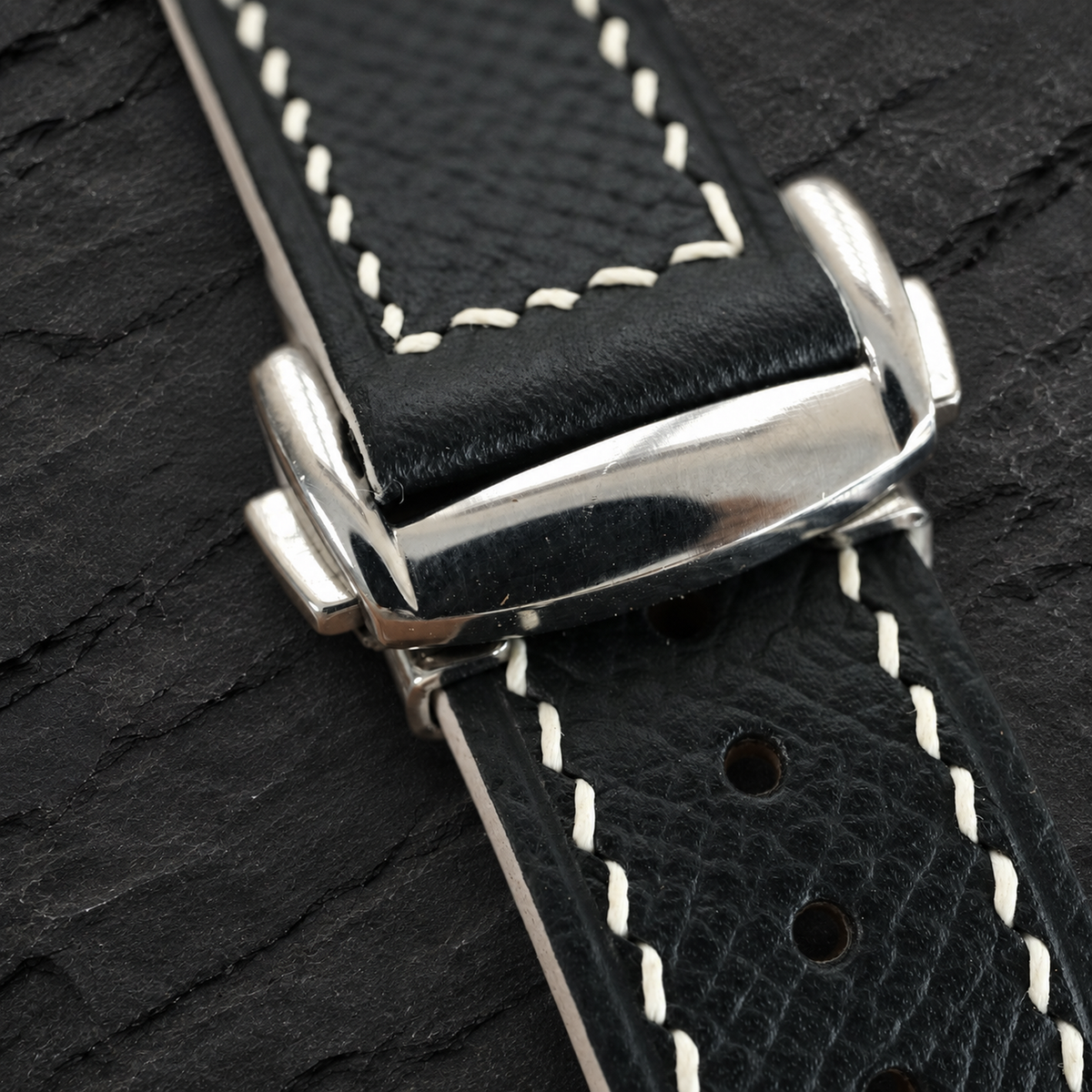 Deployant Black White Racing Rally Epsom Leather Watch Strap - white contrast stitching