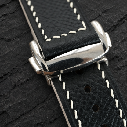 Deployant Black White Racing Rally Epsom Leather Watch Strap - white contrast stitching