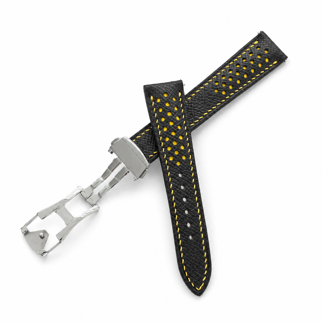 Deployant Racing Rally Black and Yellow Epsom Leather Watch Strap