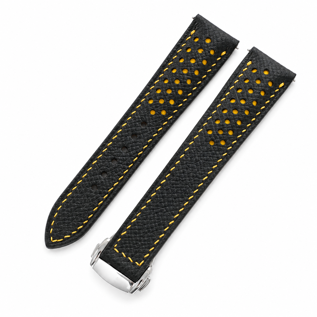 Deployant Racing Rally Black and Yellow Epsom Leather Watch Strap
