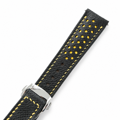 Deployant Racing Rally Black and Yellow Epsom Leather Watch Strap